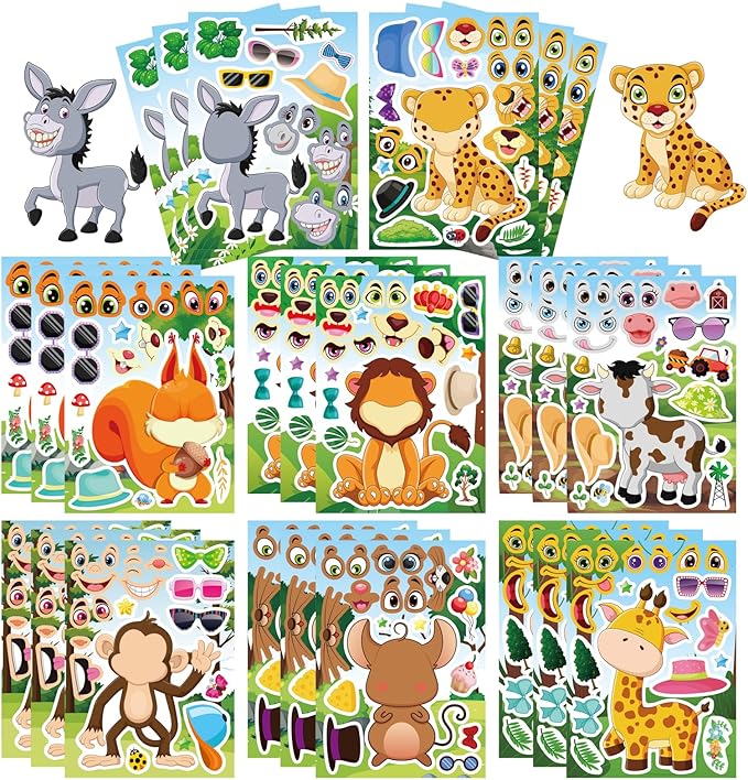 24 Sheets Animal Stickers for Kids Toddler, Jungle Animal Stickers Make-a-face Sticker Sheets Make Your Own Mix and Match Sticker for School Classroom Techer Reward Birthday Gift