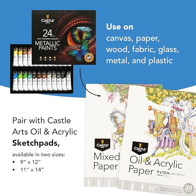 Castle Art Supplies 24 Piece Metallic Acrylic Tube Set | New Improved Formula | 24 X 12ML Tubes for Adult Artists, Beginners and Crafters, Add Shimmering Quality on Variety of Surfaces (New Improved Formula)