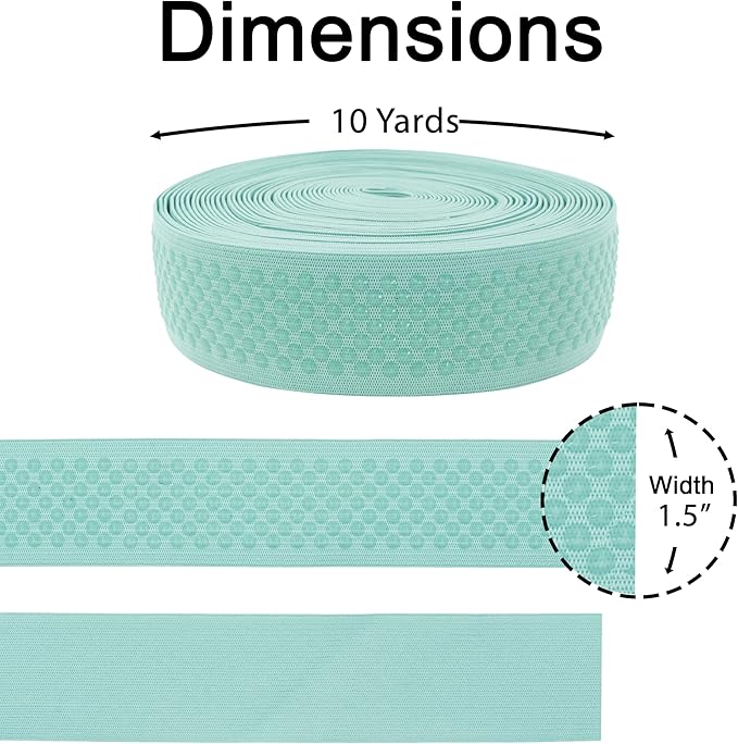 Mandala Crafts 1.5 Inch Elastic Silicone Gripper Tape for Clothing - 10 Yds Dotted Non Slip Elastic Band for Sewing - Mint Silicone Flat Fabric Stretchy Ribbon Straps