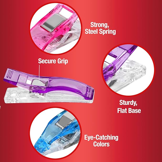 SINGER Sewing & Quilting Clips, 24ct - Large, Small & Mini Fabric Clips for Crafts - Assorted Color Quilt Clamps, Multi-Use Sewing Tool, Includes Storage Case