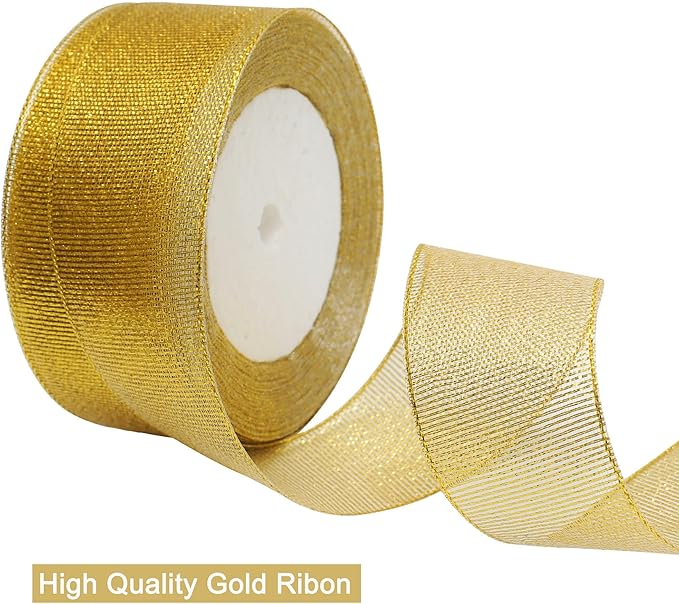 50 Yards Gold Glitter Ribbon 2 Inch, Sparkly Width Solid Fabric Ribbon for Gift Wrapping, Crafts, Holiday Wedding Birthday Party Decoration Flower Bouquet, 2 Inch Metallic Gold Ribbon Roll
