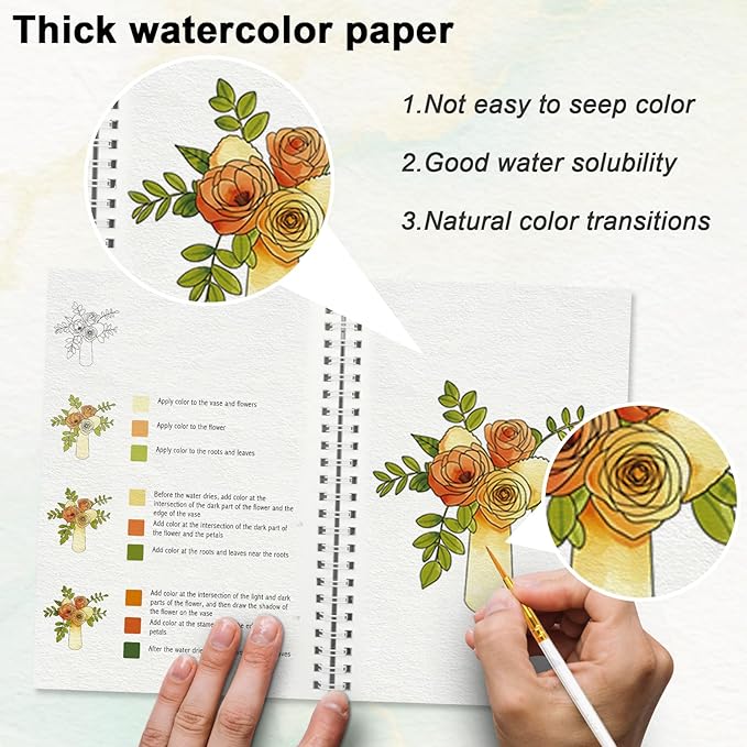 Watercolor Workbook for Beginners with Step-by-Step - 12 Watercolor Coloring Pages - 100% Cotton 300gsm/140lb Watercolor Paper - Gift for Women,Adults, Teens (Bouquet)