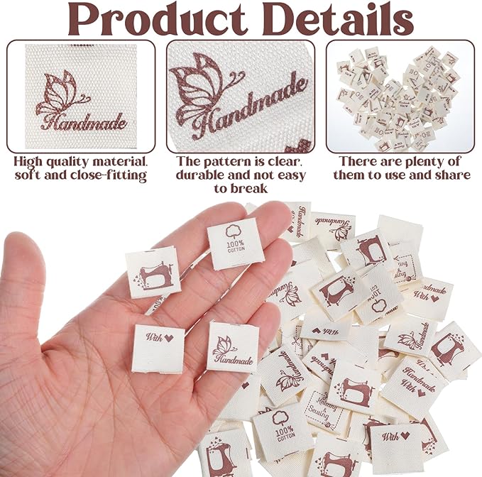 100 Pcs Fabric Tags for Handmade Items, Cute Sewing Labels with Love Labels, Beige Crochet Tags Sew on Clothing, Sewing Fabric Label for DIY Crafts Knitting Crocheting
