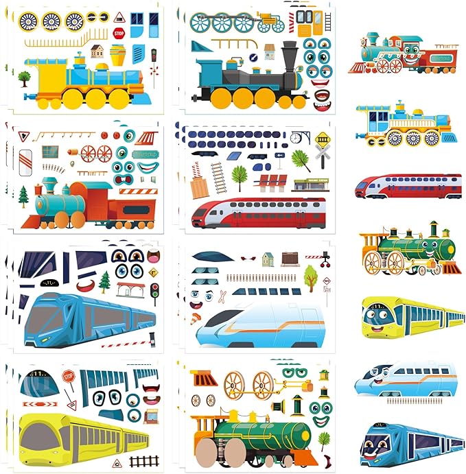 24 Sheets Train Stickers for Kids, Make-a-face Sticker, Make Your Own Train Mix and Match Stickers for DIY Crafts Party Supplies School Activity Reward Birthday Gifts