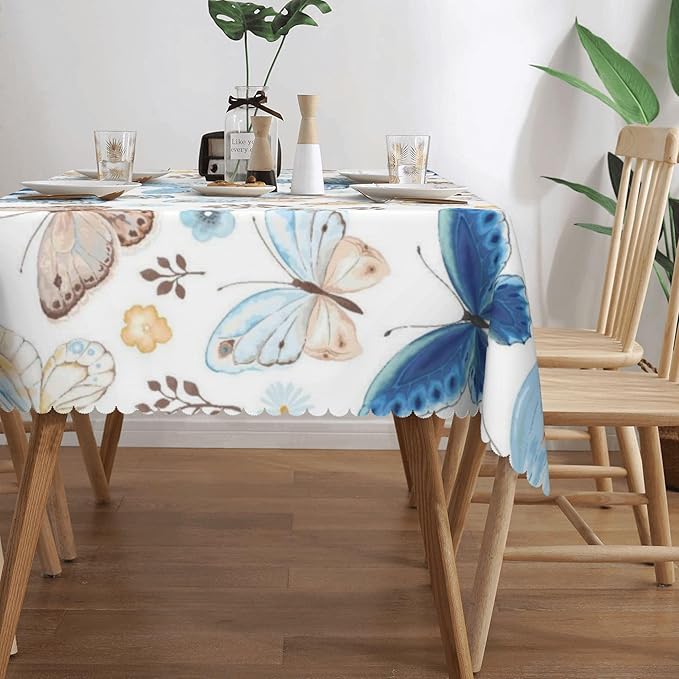 Blue Beige Butterfly Rectangle Tablecloth Flower Leaves Vividly Watercolor Table Cloth Dining Table Cover for Home Kitchen Restaurant Party Buffet Picnic 54 x 72 Inch
