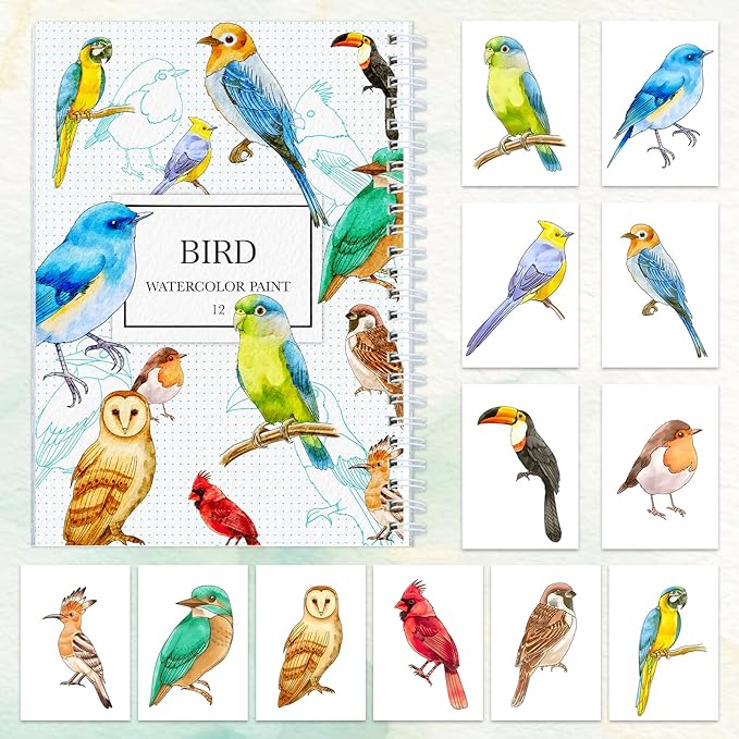 Watercolor Workbook for Beginners with Step-by-Step - 12 Watercolor Coloring Pages - 100% Cotton 300gsm/140lb Watercolor Paper - Gift for Women,Adults, Teens (Birds)