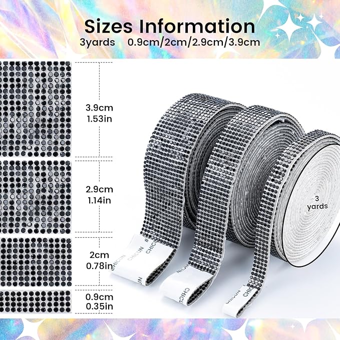 Novani Self Adhesive Rhinestone Ribbon, 1.53 Inch Wide 3 Yards 1 Roll, Black Crystal Diamond Bling Strips for DIY Crafts, Home Decor, Clothing,Shoes, Car Decoration（Black）