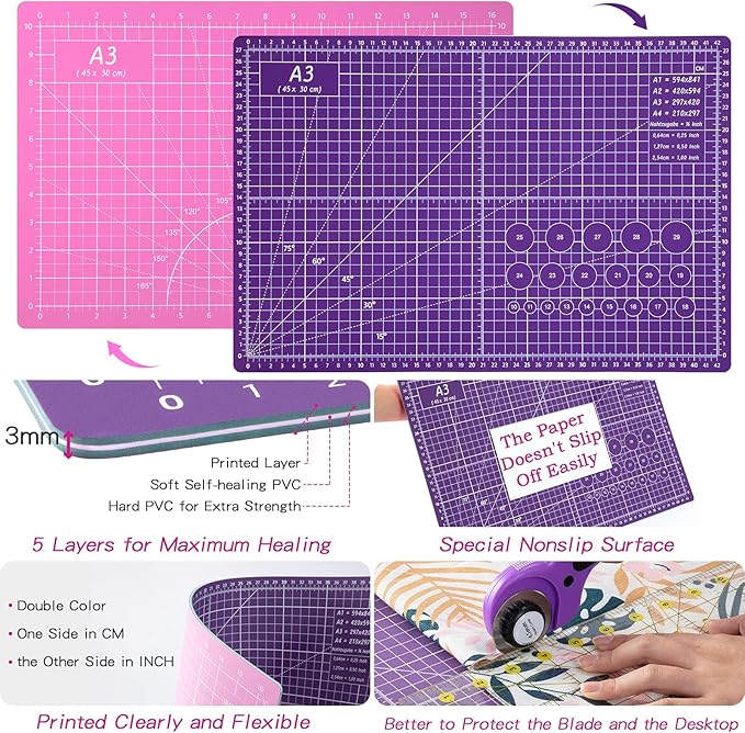 Nicecho Rotary Cutter Set,Sewing Quilting Supplies,45mm Fabric Cutters,A3 Cutting Mat for Sewing,Acrylic Rulers,Scissors,Exacto Knife,Clips,Beginners Sewing Accessories,Fabric Cutter Kit