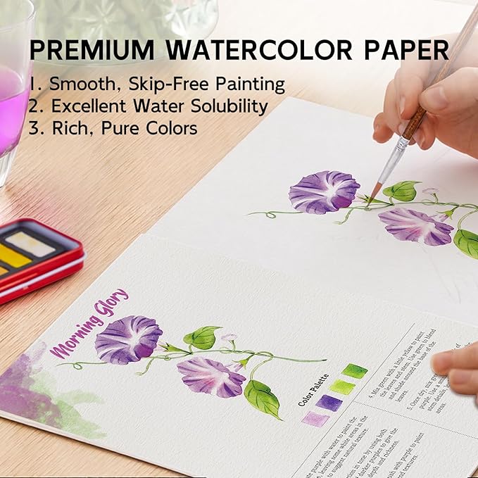 Watercolor Workbook for Beginners, Watercolor Paint Set, Arts & Crafts Water Color Book Notebook Practice Coloring Book for Adults and Teens with 12 Colors Painting Set & Brush (Flowers)