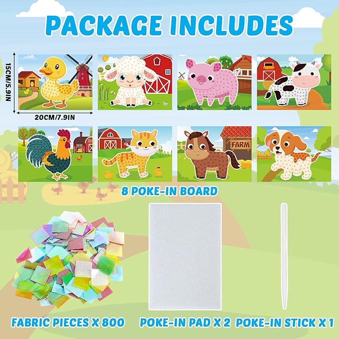 Lonfliness 8PCS Poke-in Craft and Art Kit for Kids No-Mess Fabric Sewing Art Girls Boys 4-12 Puzzle Puncture Painting DIY Toy Gifts for Creative Activity Game Birthday Party (Farm Animal)