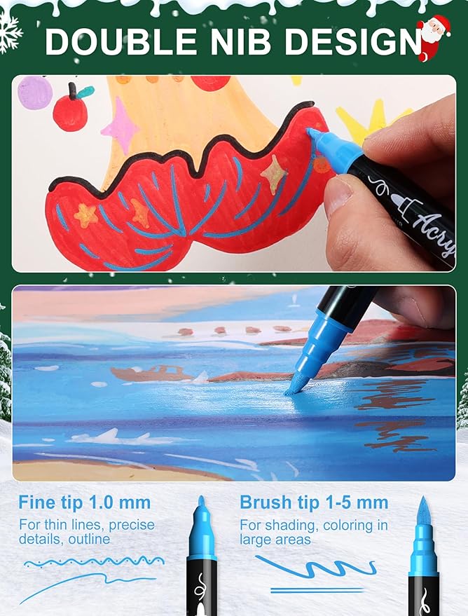 30 Colors Acrylic Paint Markers - Waterproof Dual Tip Acrylic Paint Pens with Brush & Fine Tip Professional Marker Set Scrapbook Markers for Paper Rock Wood Fabric Glass Ceramic and DIY Crafts
