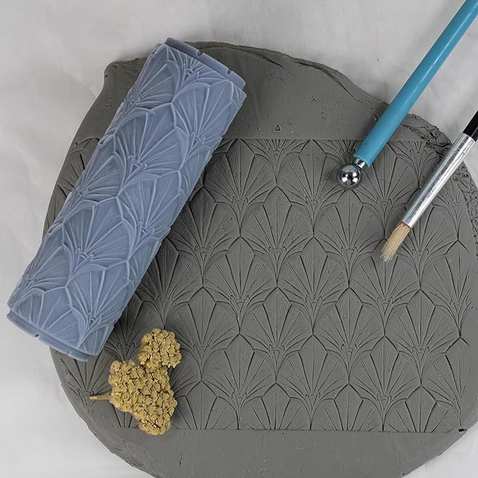 Art Deco Fan Pattern Clay Texture Roller (4") - Seamless Set #01 - Embossing Pattern Roller for Polymer & Ceramic Clay, Pottery & Crafts