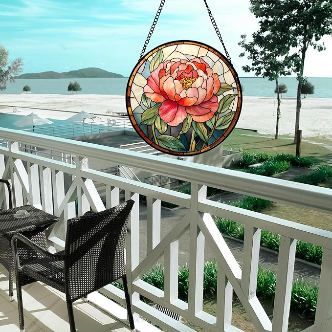Stained Glass Window Hanging - Pink Peony Floral Suncatcher for Door Garden Yard Birth Flower Sun Catchers Decor Christmas Mother's Day Birthday Gifts for Women Mom Nana Wife Teacher 7.8 in