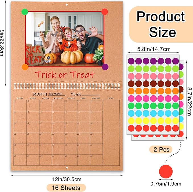 Harloon Blank Scrapbook Wall Calendar Sheets 2026 Undated Monthly Weekly Scrapbook Planner 16 Sheet DIY Blank Custom Calendar with 140 Sticker 12 x 9" Closed 18" Open Size for Office Home(Kraft Brown)