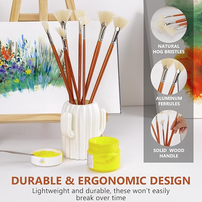 DUGATO Artist Fan Paint Brush Set of 7, White Hog Bristle Natural Hair Anti-Shedding Brush Tips, Long Wooden Handle for Comfortable Holding, Great for Acrylic Oil Painting