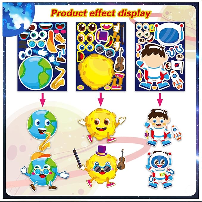 DUJAA 24 Multicolor Cartoon Space Stickers, Astronaut, Alien, Rocket, Planet, Waterproof, Glossy, Single Use, Indoor, Space, Cartoon Theme