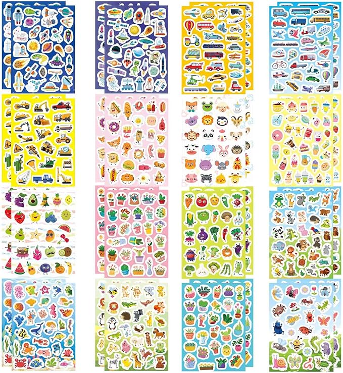 32 Sheets Stickers for Kids, 850 PCS + Cute Stickers Variety Pack for Kids, 16 Different Theme with Sea, Animal, Food, Dessert, Space, Fruit, Flowers, Cars and More