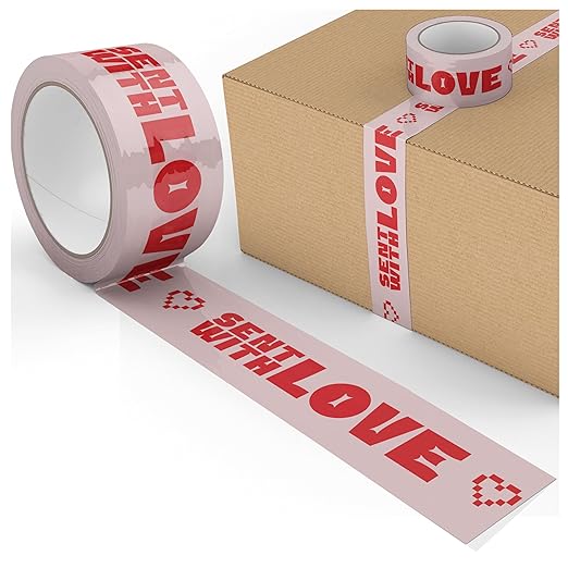 Sent with Love - Cool Decorative Packing Tape for Small Business - Cool Cute Designer Printed Packaging and Shipping Tape - Pink Red, Heart, 1.88" x 110 Yards (330 feet)