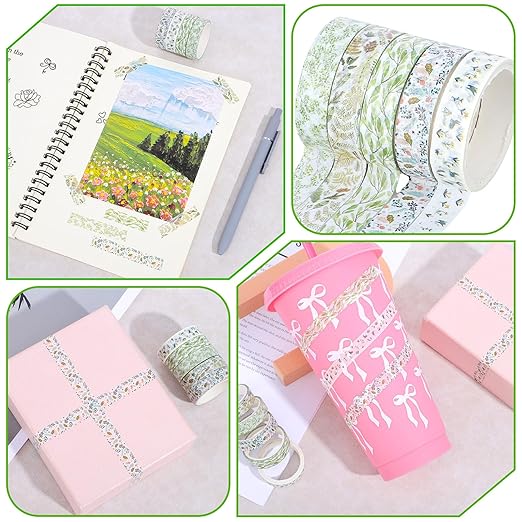 5 Rolls Cute Washi Tape, Green Floral Tape Creative Greens Thrive Decorative Tapes Skinny Slim Masking Tapes for Arts, DIY Crafts, Bullet Journals, Planners, Scrapbooking, Wrapping