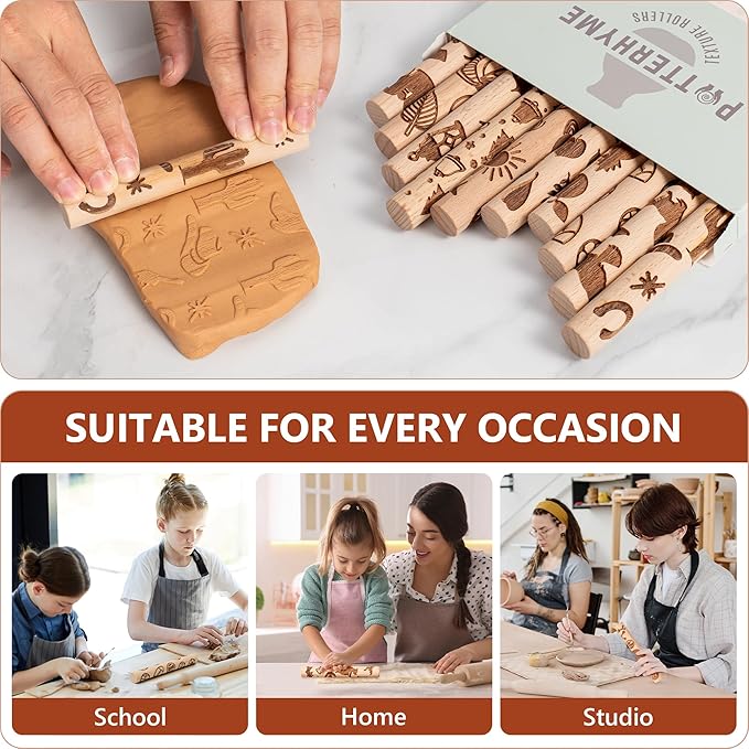 10pcs Wooden Clay Texture Rollers Set for Pottery & Ceramics - Holiday Patterns - Potters Stamp Roller Tools for Ceramic Slabs - Textured Rolling Modeling Pins (SEASONAL - 0.6" Thickness)