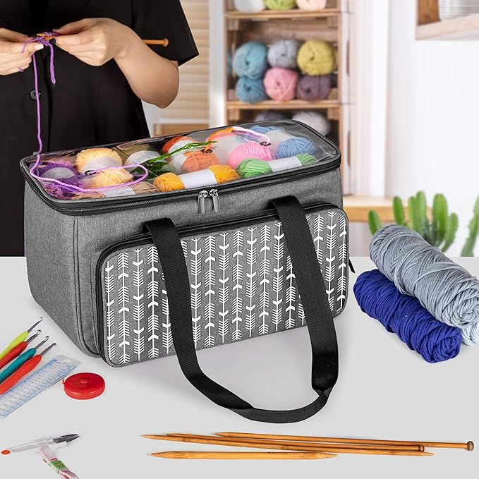 Yarwo Knitting Yarn Bag, Crochet Tote with Pocket for WIP projects, Knitting Needles(Up to 14”) and Skeins of Yarn, Gray with Arrow (Bag Only)
