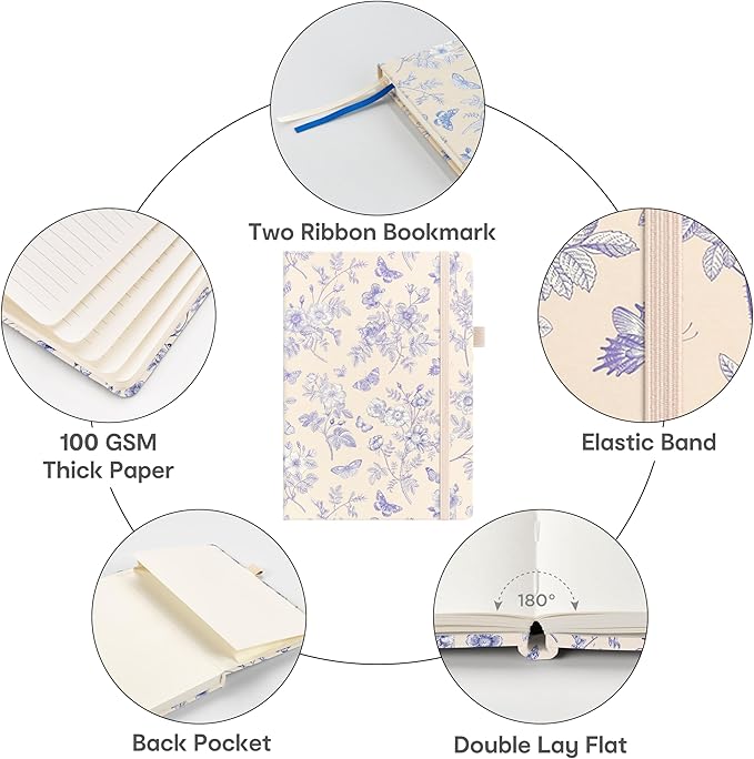 &And Per Se Lined Journal Notebook for Women&Men with Pattern, 160 Pages 100GSM Thick Paper, A5 Hardcover Journals for Writing, 5.7'' x 8'' (Blue Flowers)