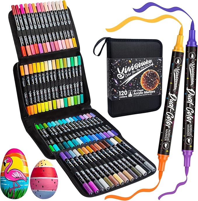 120 Colors Acrylic Paint Markers，60 Pack Acrylic Paint Pens with Dual-Color Brush Tips, Quick-Drying, No Bleeding, Waterproof for Pumpkin,Rocks,Glass,Wood,Plastic,Metal,Coloring Book