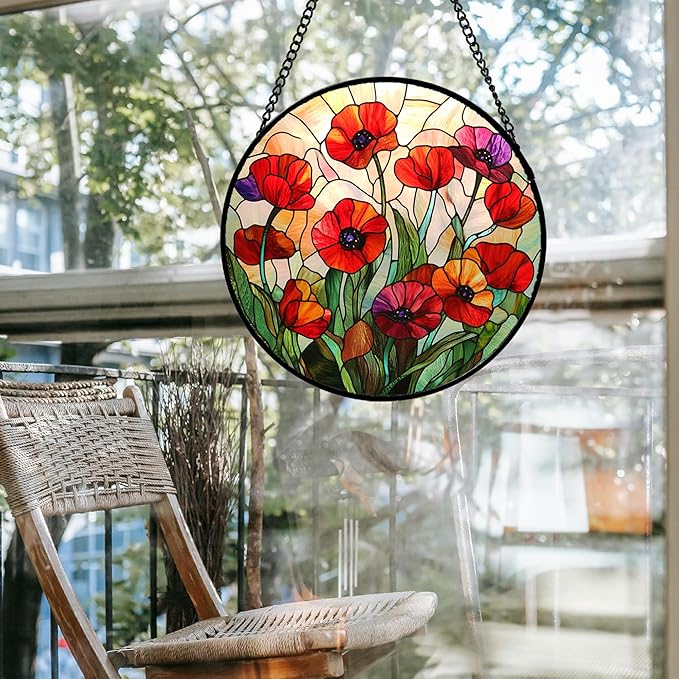 Stained Glass Window Hanging - Poppy Birth Flowers Suncatcher for Door Garden Yard Wildflowers Sun Catchers Decor Christmas Mother's Day Birthday Gifts for Women Mom Nana Friend 11.8 in