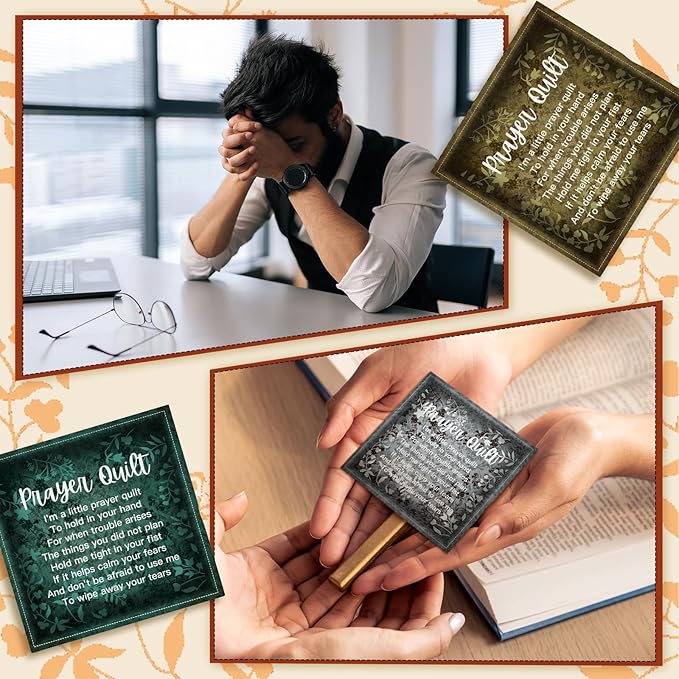 Pocket Prayer Quilt Panel Squares with Small Wooden Crosses Mini Scripture Pocket Prayer Quilt for Friend Family Religious Spiritual Gift Easter Reward Gift(Retro,Brown)