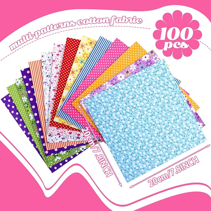 Oudain 100 Pcs 8 x 8 Inch Cotton Fabric Squares Multicolor Precut Quilting Fabric Bundles Floral Patchwork Materials for Holiday DIY Craft Cloths Handmade Sewing Scrapbooking