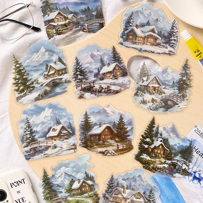 40 PCS Vintage Street Pastoral Christmas Snow House Scenery PET Stickers, 4 Pack Aesthetic Decorative Large Size Stickers for Scrapbooking, Journaling, Waterproof DIY Crafts and Junk Journal