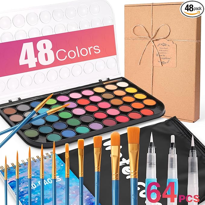 Watercolor Paint Set,48 Colors Watercolor Paint Gift Box 30Page Artist Paper-10 Brushes-Palette Travel Design Storage Bag,for Christmas Gifts Card Making,Artists Beginners,Kids Water Colors Paint Adult Set.