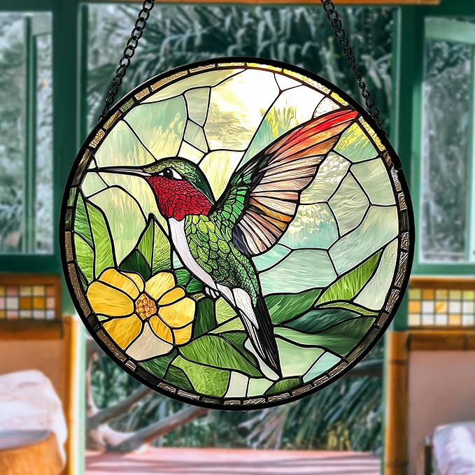Stained Glass Window Hanging, Green Hummingbird Sun Catcher for Door Home Decor, Birds Suncatcher Christmas Mother's Day Birthday Gifts for Bird Lovers Women Men Mom and Nana 9.8 in