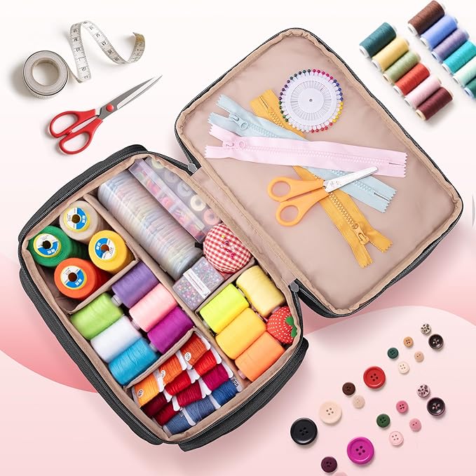 Puffer Sewing Organizer Bag, Large Capacity with Multiple Pockets and Detachable Dividers, Storage Box for Threads, Needles, Scissors, Craft Supplies, Black (BAG ONLY, NO SUPPLIES)