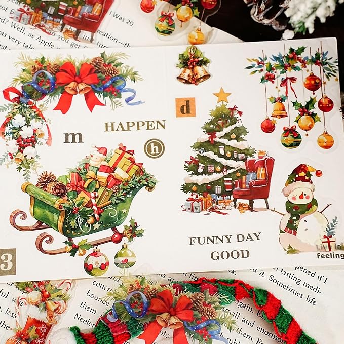 90 Pieces Christmas Aesthetic Stickers, Waterproof PET Winter Holiday Decals for Scrapbooking, Cards, Gift Wrapping, Planners, and Adult DIY Crafts (6 Packs)