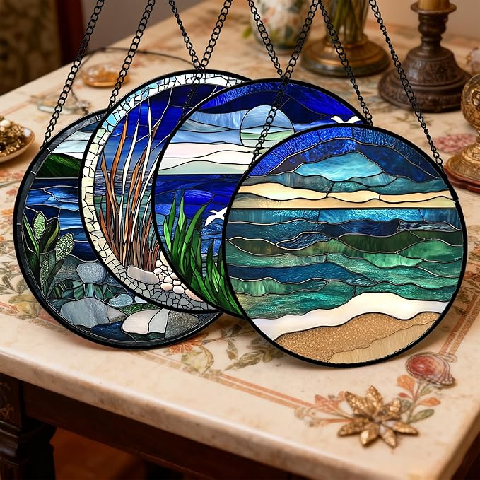 Stained Glass Window Hanging 4 Pcs Set Navy Blue Ocean Landscape Large 15" - Suncatcher Door Garden Sun Catcher Decor Birthday Mother's Day for Mom Woman Nana Girl Boy Friend