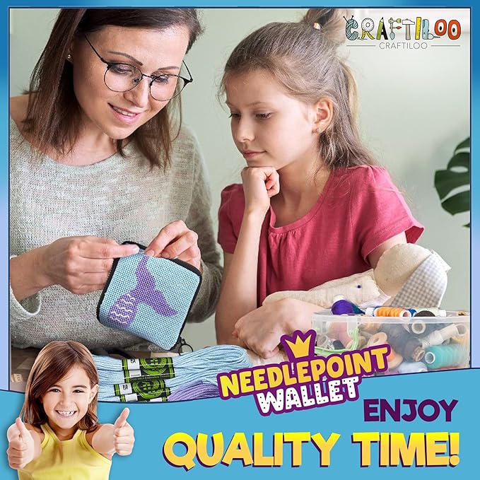 Pre Printed Needlepoint Wallet Kit for Kids Embroidery Arts and Crafts Set Cross Stitch Sewing Kit (Mermaid)