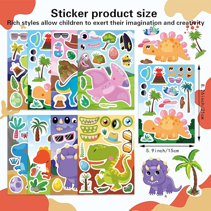 24 Sheets Dinosaur Stickers, Make Your Own Dino Stickers for Kids Boys Girls Toddlers, Make a Face Stickers Dinosaur Theme Birthday Party Favor Supplies, Teacher Reward Stickers