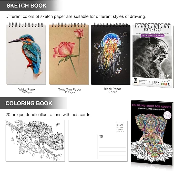 HIFORNY 120 PCS Drawing Set Sketching Kit, Art Supplies with 3-Color Sketchbook,Coloring Book,Rainbow,Colored,Watercolor,Metallic,Graphite,Black & Colored Charcoal Pencils,Blending Tools and More