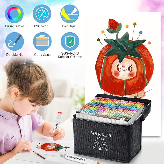 AdamStar 130 Colors Alcohol Markers, Dual Tip Art Marker Set for Artist Adults Coloring Markers Perfect for Kids Books Sketching Card Making