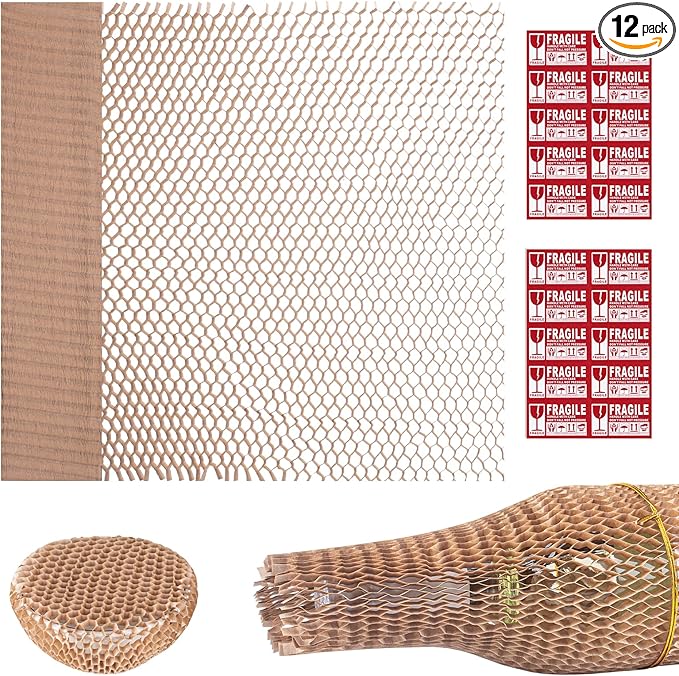 12Pcs 3D Honeycomb Packing Paper for Moving, 13" x 160" Upgrade and Reinforce Packing Paper Substitute Alternative for Bubble Cushioning Wrap with 20 Fragile Sticker