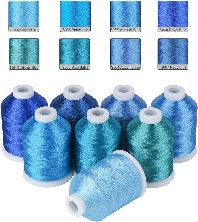 Simthread Blue Embroidery Thread – 8 Shades Compatible with Madeira Colors, 550 Yards Each, 40WT Polyester, for Brother, Babylock, Janome, Singer & Other Machines