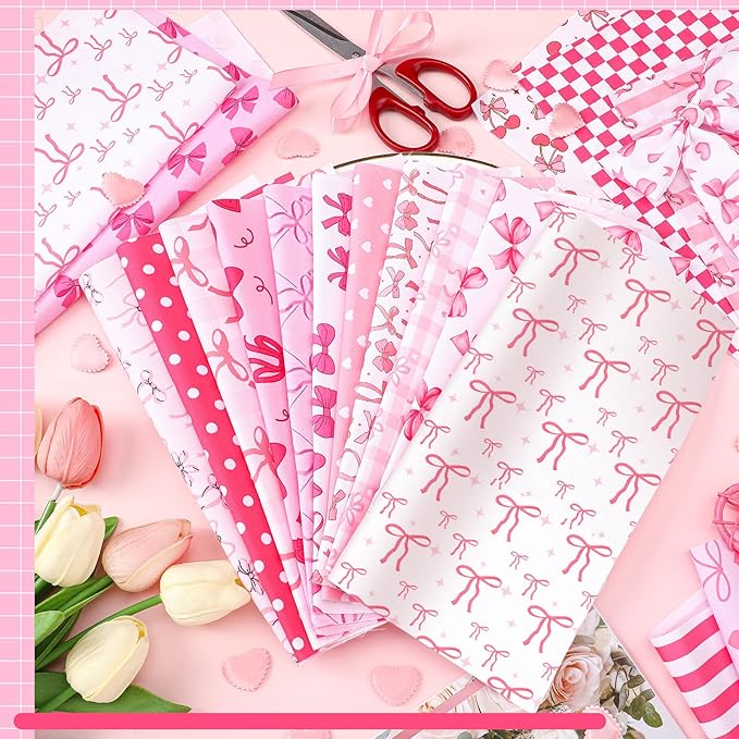 HunnmingRe 20 Pcs 10''x10'' Pink Bow Quilting Fabric Square Coquette Bow Quiltted Fabric Bundle Hot Pink and White Precuts Printed Patchwork Supplies for Holiday DIY Sewing Craft