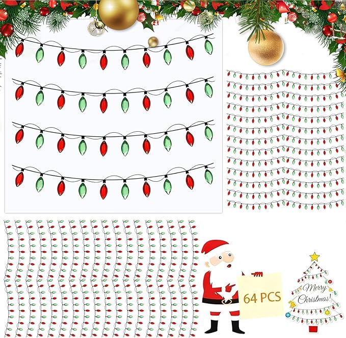 2026 Christmas Lights Stickers for Crafts, 64PCS Christmas Light Embellishment, 3D Gemstone Border Sticker, Lights Glitter Adhesive Decals for Xmas Crafts Scrapbooks Decoration