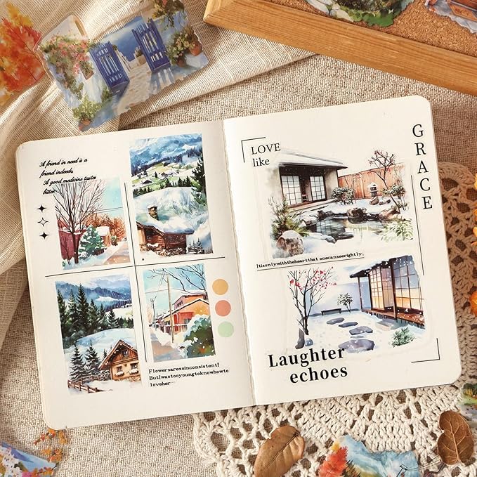 80 Pieces Vintage Travel Seasonal Themed Landscape Stickers, Large Size Transperant PET Scrapbook Stickers for Journals, Crafting, Art Projects, Phone Case, Laptop, Journal Album Decoration