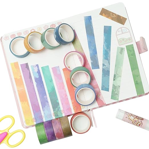 YUBX Watercolors Washi Tape Set 12 Rolls Pastel Colors Masking Macaron Graphic Decorative Tapes for Arts, DIY Crafts, Journals, Planners, Scrapbook, Wrapping