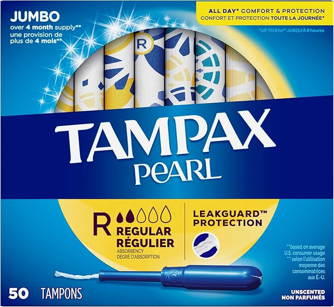 Tampax Pearl Tampons Regular Absorbency, with Leakguard Braid, Unscented, 50 Count (Pack of 2)