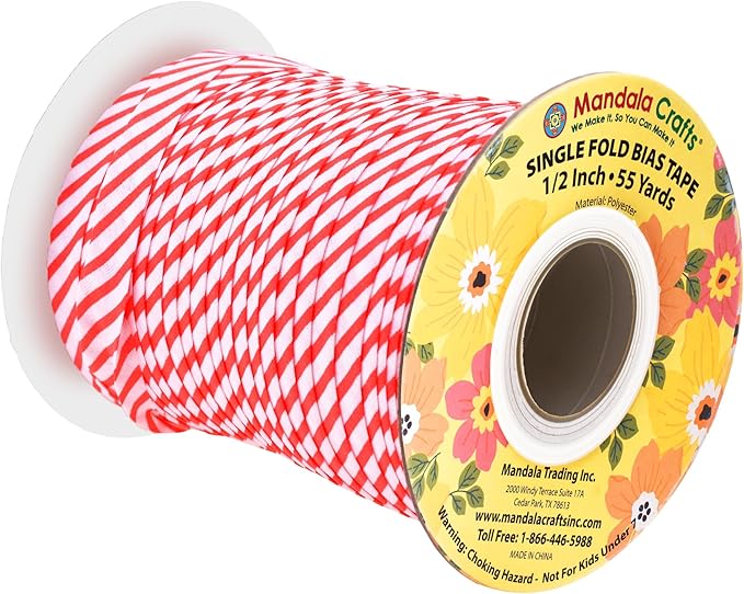 Mandala Crafts 1/2 Inch Single Fold Bias Tape for Sewing, Quilting, Piping, Hemming, Blanket & Quilt Binding – 55 Yards Candy Cane Fabric Seam Binding Tape