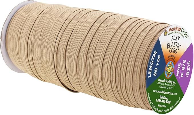 Mandala Crafts 10mm 50 Yds Roll of Tan Elastic Bands for Sewing - 3/8 Flat Elastics Cord - 3 8 Inch Braided Stretch Straps for Crafting