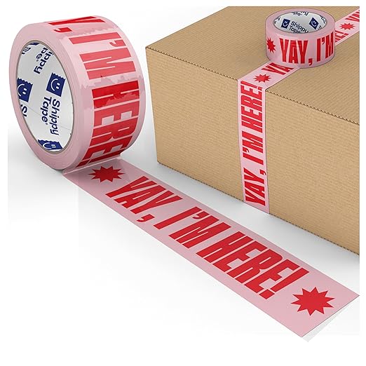 Cool Decorative Packing Tape for Small Business, Cute Designer Printed Packaging and Shipping Tape, Yay I'm Here!, Pink Red, 1.88" x 110 Yards (330 feet)